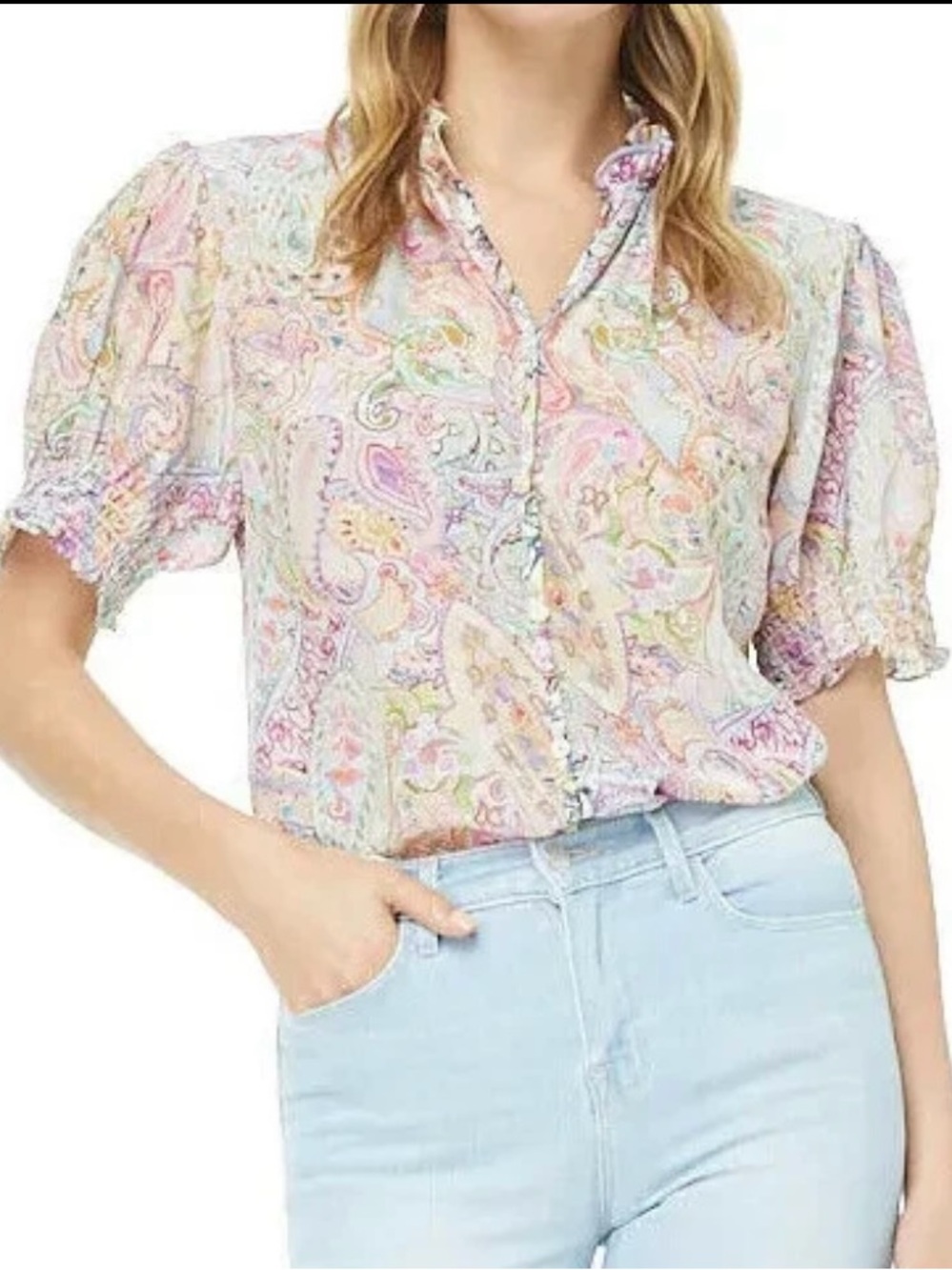 Robert Graham Women's Mila Silk Blend Short Sleeve Pastel Paisley Blouse